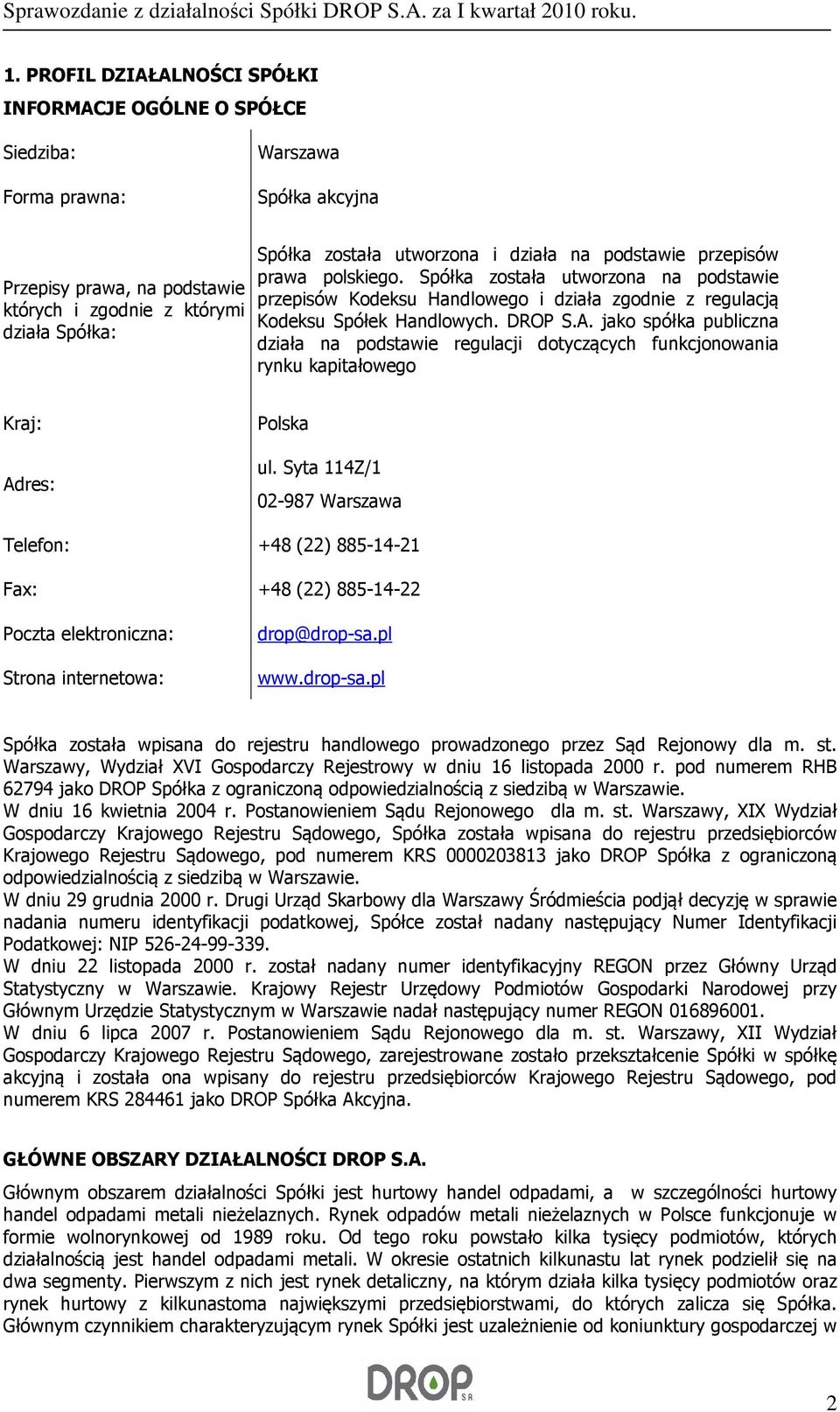 jako spółka publiczna działa na podstawie regulacji dotyczących funkcjonowania rynku kapitałowego Kraj: Adres: Polska ul.