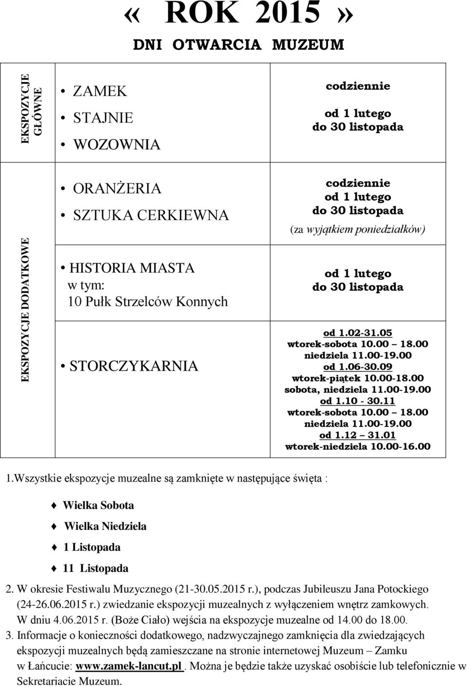 09 wtorek-piątek 10.00-18.00 sobota, niedziela 11.00-19.00 od 1.10-30.11 wtorek-sobota 10.00 18