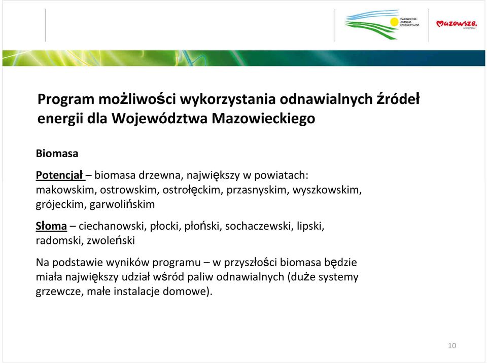 Słoma ciechanowski, płocki, płoński, sochaczewski, lipski, radomski, zwoleński Na podstawie wyników programu w