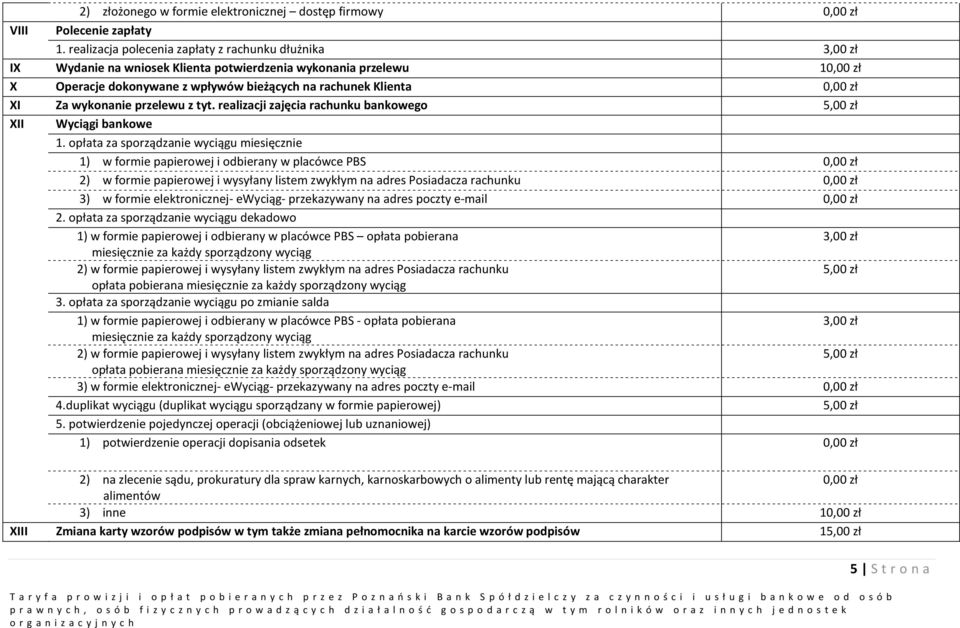 XI Za wykonanie przelewu z tyt. realizacji zajęcia rachunku bankowego 5,00 zł XII Wyciągi bankowe 1.