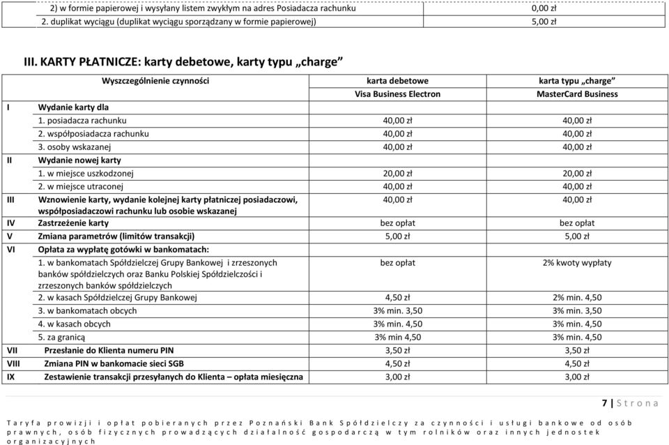 posiadacza rachunku 40,00 zł 40,00 zł 2. współposiadacza rachunku 40,00 zł 40,00 zł 3. osoby wskazanej 40,00 zł 40,00 zł II Wydanie nowej karty 1. w miejsce uszkodzonej 20,00 zł 20,00 zł 2.