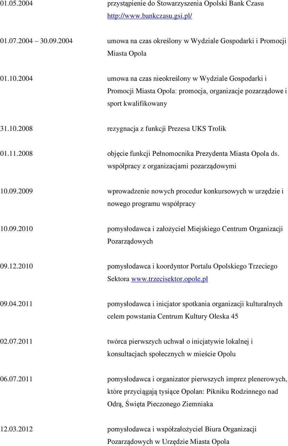 2008 objęcie funkcji Pełnomocnika Prezydenta Miasta Opola ds. współpracy z organizacjami pozarządowymi 10.09.2009 wprowadzenie nowych procedur konkursowych w urzędzie i nowego programu współpracy 10.