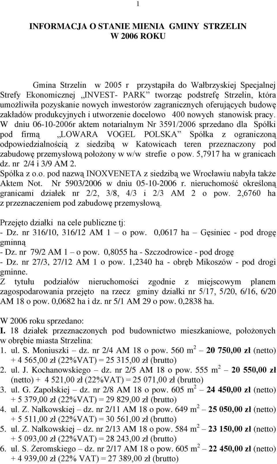 W dniu 06-10-2006r aktem notarialnym Nr 3591/2006 sprzedano dla Spółki pod firmą LOWARA VOGEL POLSKA Spółka z ograniczoną odpowiedzialnością z siedzibą w Katowicach teren przeznaczony pod zabudowę