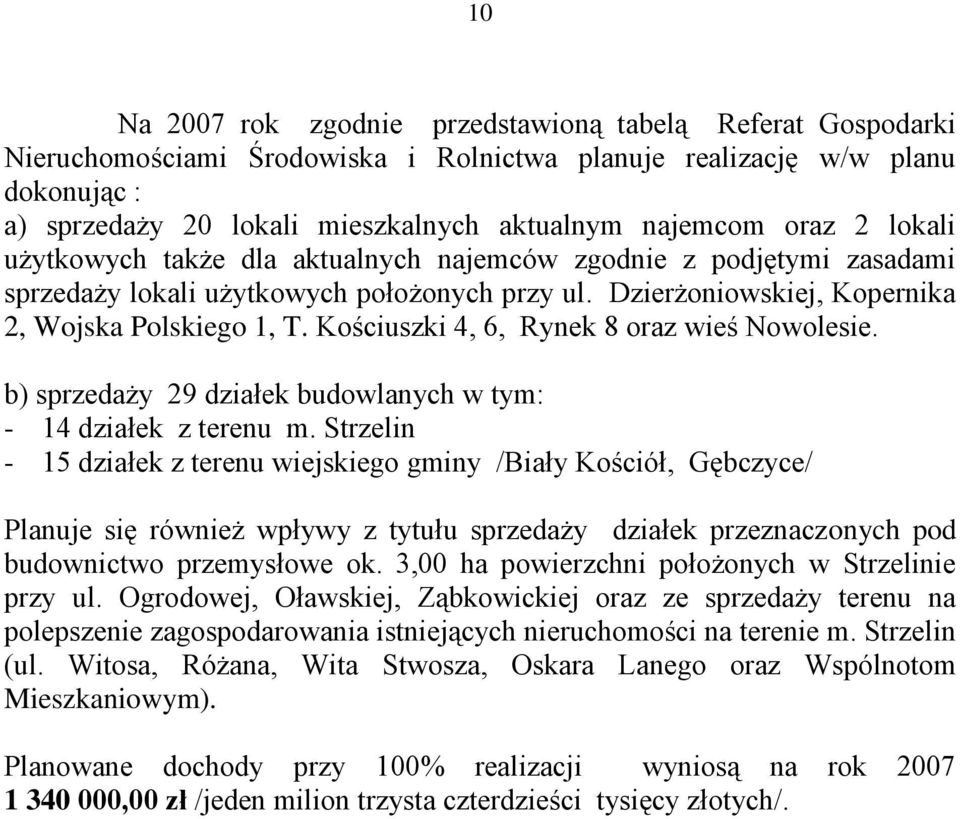 Kościuszki 4, 6, Rynek 8 oraz wieś Nowolesie. b) sprzedaży 29 działek budowlanych w tym: - 14 działek z terenu m.