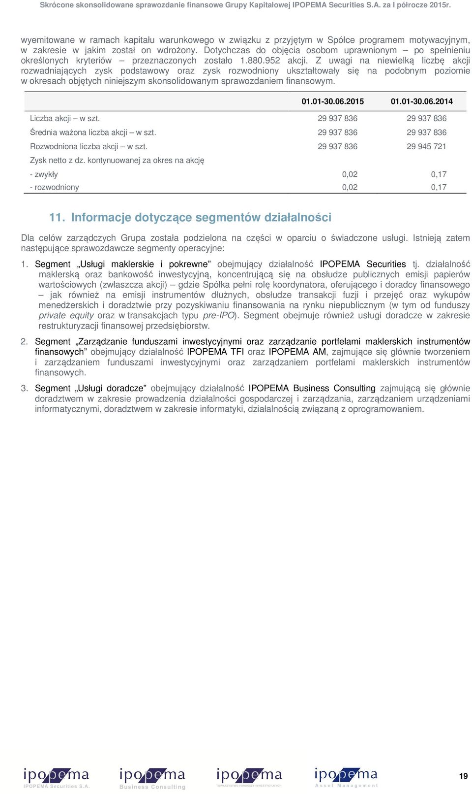 Z uwagi na niewielką liczbę akcji rozwadniających zysk podstawowy oraz zysk rozwodniony ukształtowały się na podobnym poziomie w okresach objętych niniejszym skonsolidowanym sprawozdaniem finansowym.