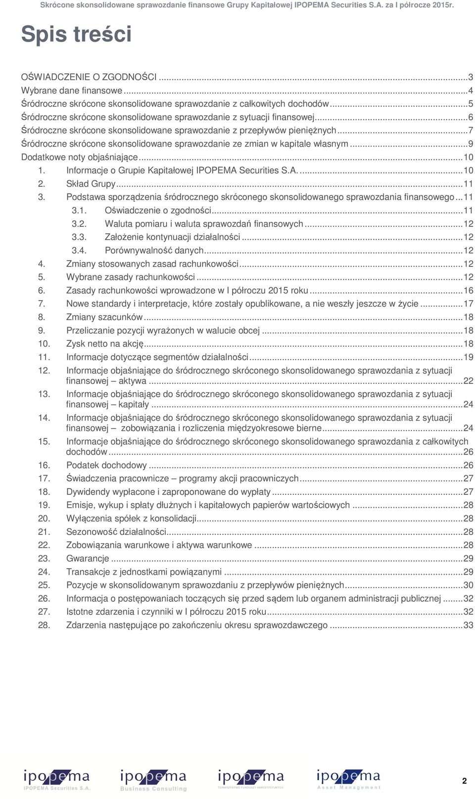 .. 7 Śródroczne skrócone skonsolidowane sprawozdanie ze zmian w kapitale własnym... 9 Dodatkowe noty objaśniające... 10 1. Informacje o Grupie Kapitałowej IPOPEMA Securities S.A.... 10 2. Skład Grupy.