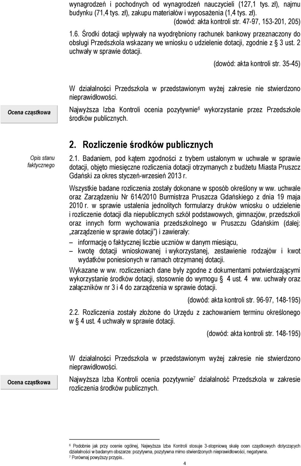 (dowód: akta kontroli str. 35-45) Ocena cząstkowa W działalności Przedszkola w przedstawionym wyżej zakresie nie stwierdzono nieprawidłowości.