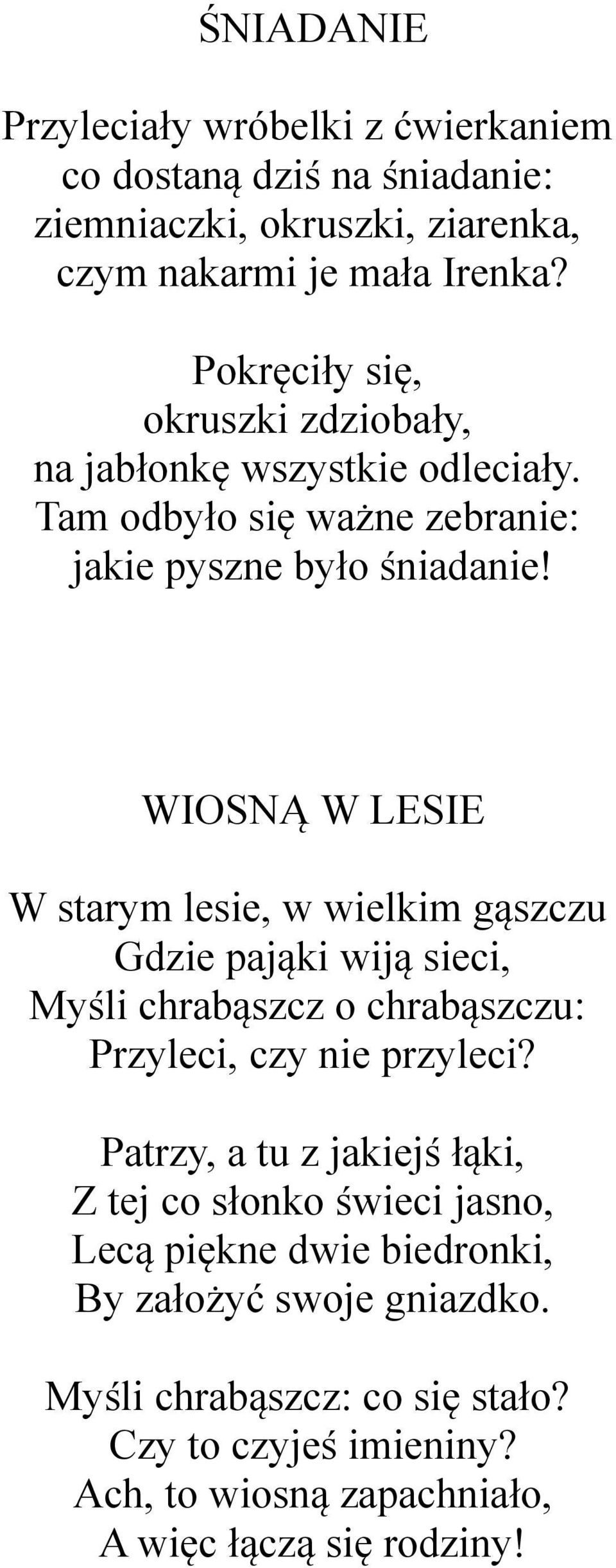 WIOSNĄ W LESIE W starym lesie, w wielkim gąszczu Gdzie pająki wiją sieci, Myśli chrabąszcz o chrabąszczu: Przyleci, czy nie przyleci?