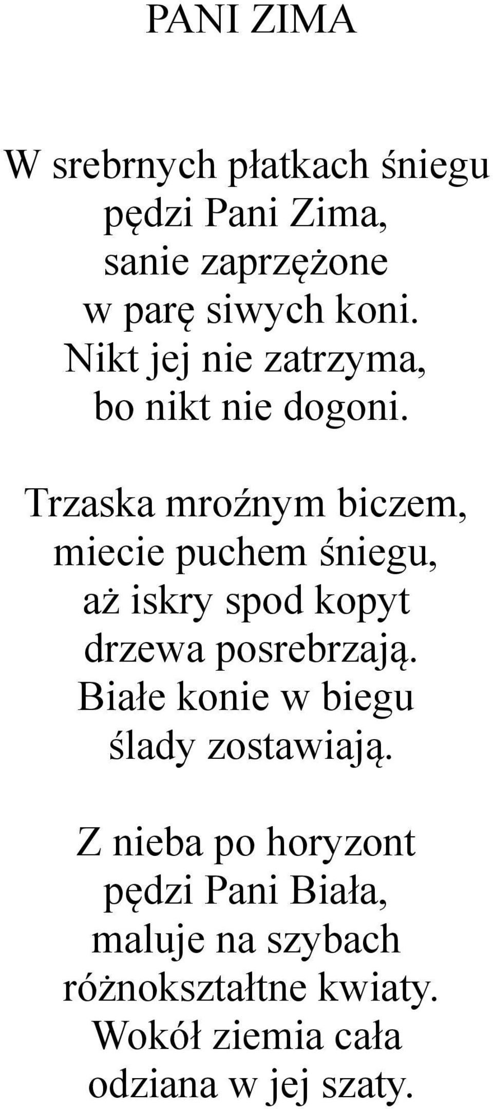 Trzaska mroźnym biczem, miecie puchem śniegu, aż iskry spod kopyt drzewa posrebrzają.