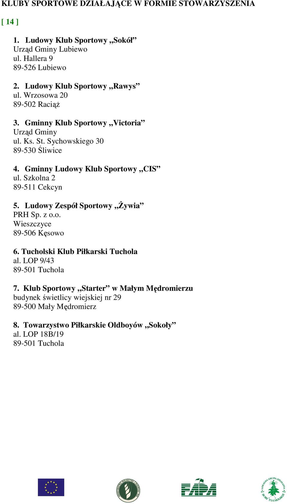 Gminny Ludowy Klub Sportowy CIS ul. Szkolna 2 89-511 Cekcyn 5. Ludowy Zespół Sportowy Żywia PRH Sp. z o.o. Wieszczyce 89-506 Kęsowo 6.