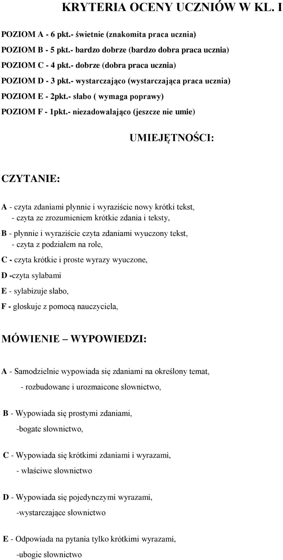 - niezadowalająco (jeszcze nie umie) UMIEJĘTNOŚCI: CZYTANIE: A - czyta zdaniami płynnie i wyraziście nowy krótki tekst, - czyta ze zrozumieniem krótkie zdania i teksty, B - płynnie i wyraziście czyta