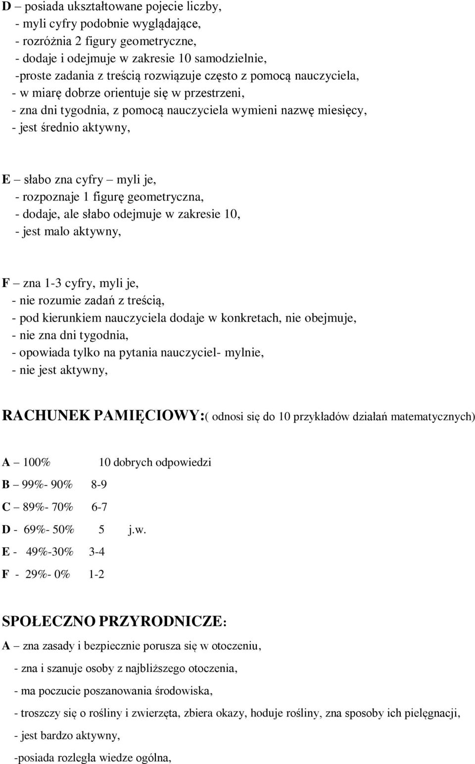 rozpoznaje 1 figurę geometryczna, - dodaje, ale słabo odejmuje w zakresie 10, - jest malo aktywny, F zna 1-3 cyfry, myli je, - nie rozumie zadań z treścią, - pod kierunkiem nauczyciela dodaje w