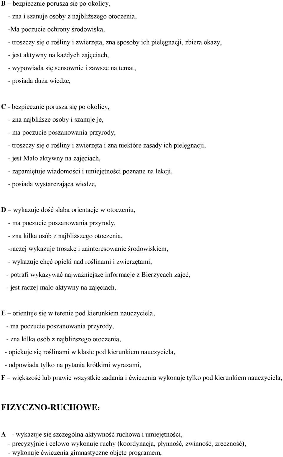 poszanowania przyrody, - troszczy się o rośliny i zwierzęta i zna niektóre zasady ich pielęgnacji, - jest Malo aktywny na zajęciach, - zapamiętuje wiadomości i umiejętności poznane na lekcji, -