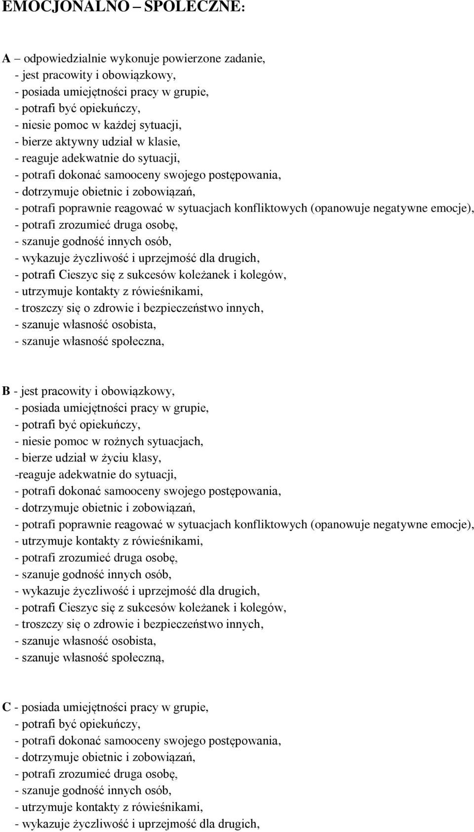 sytuacjach konfliktowych (opanowuje negatywne emocje), - potrafi zrozumieć druga osobę, - szanuje godność innych osób, - wykazuje życzliwość i uprzejmość dla drugich, - potrafi Cieszyc się z sukcesów