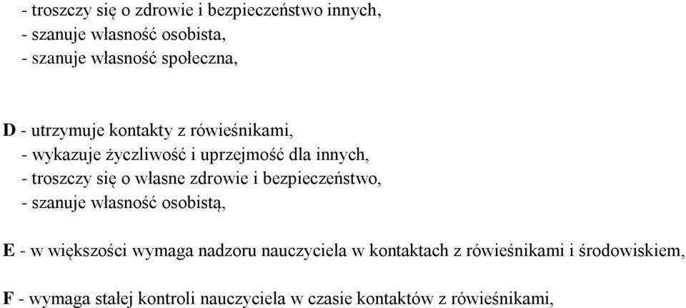 własne zdrowie i bezpieczeństwo, - szanuje własność osobistą, E - w większości wymaga nadzoru nauczyciela w