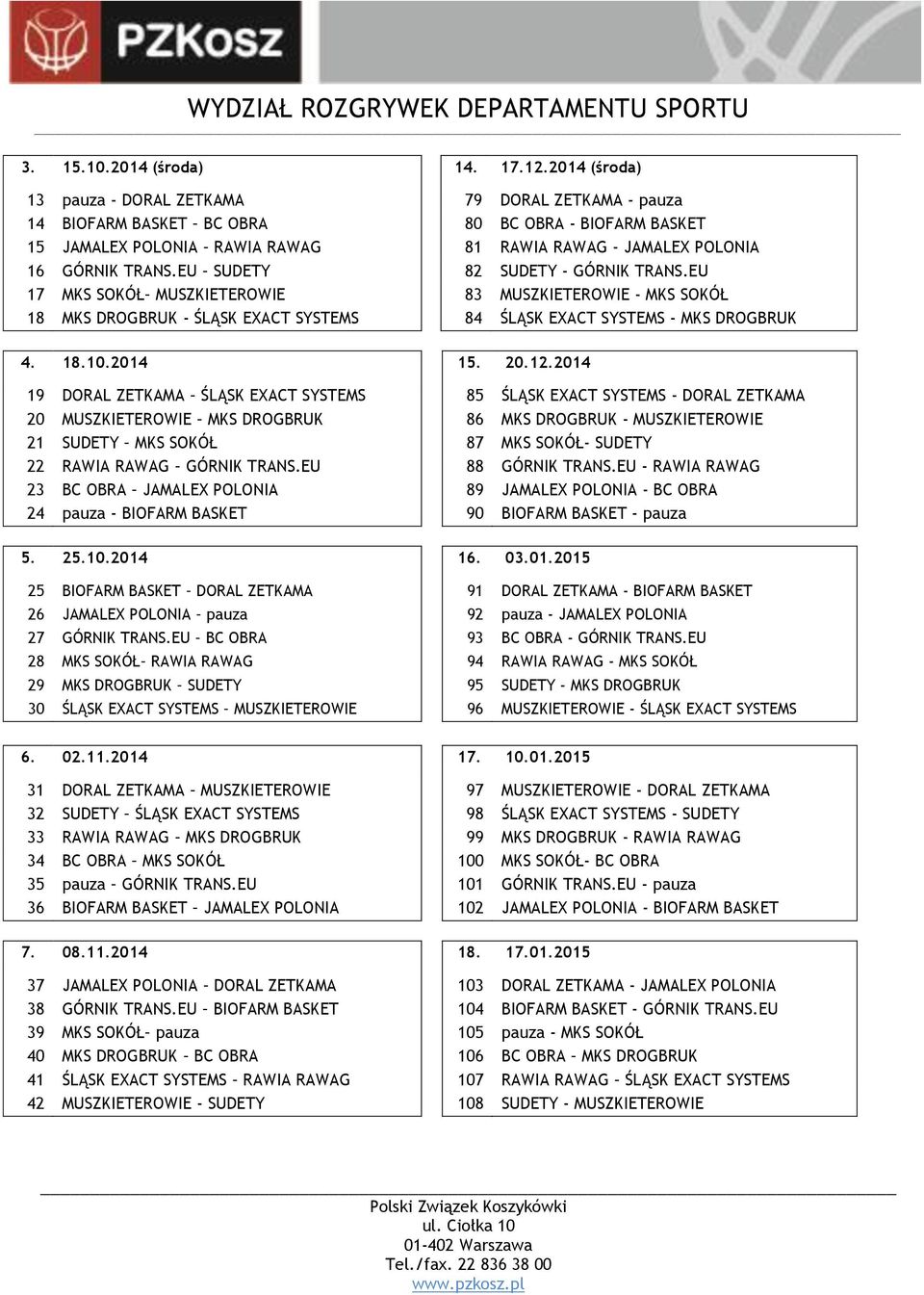 EU SUDETY 82 SUDETY - GÓRNIK TRANS.EU 17 MKS SOKÓŁ MUSZKIETEROWIE 83 MUSZKIETEROWIE - MKS SOKÓŁ 18 MKS DROGBRUK - ŚLĄSK EXACT SYSTEMS 84 ŚLĄSK EXACT SYSTEMS - MKS DROGBRUK 4. 18.10.2014 15. 20.12.