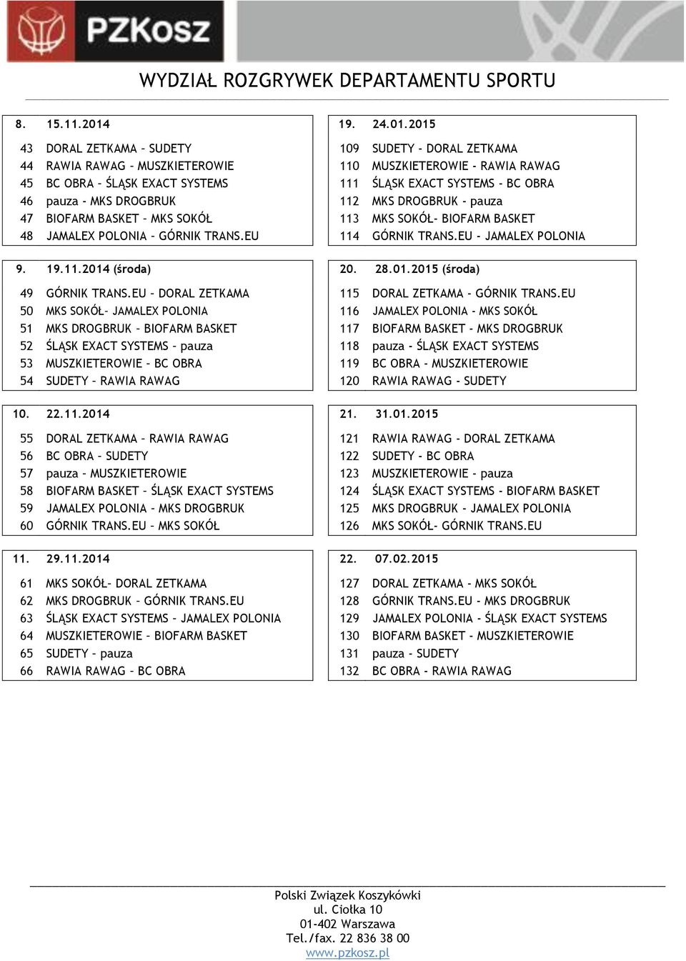 2015 43 DORAL ZETKAMA SUDETY 109 SUDETY - DORAL ZETKAMA 44 RAWIA RAWAG MUSZKIETEROWIE 110 MUSZKIETEROWIE - RAWIA RAWAG 45 BC OBRA ŚLĄSK EXACT SYSTEMS 111 ŚLĄSK EXACT SYSTEMS - BC OBRA 46 pauza - MKS