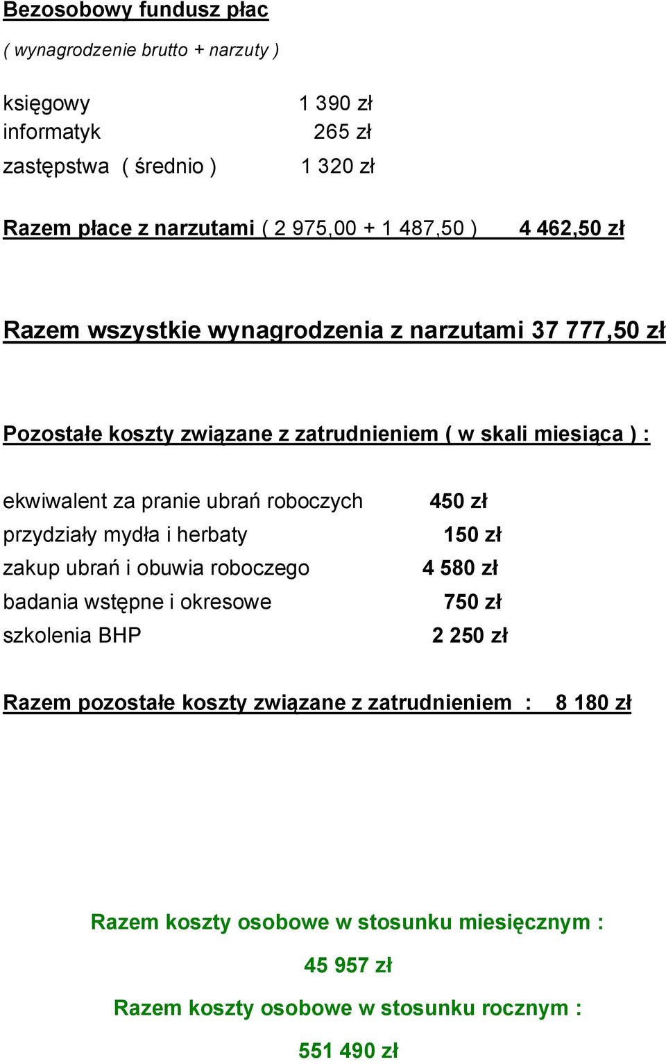 pranie ubrań roboczych przydziały mydła i herbaty zakup ubrań i obuwia roboczego badania wstępne i okresowe szkolenia BHP 450 zł 150 zł 4 580 zł 750 zł 2 250 zł