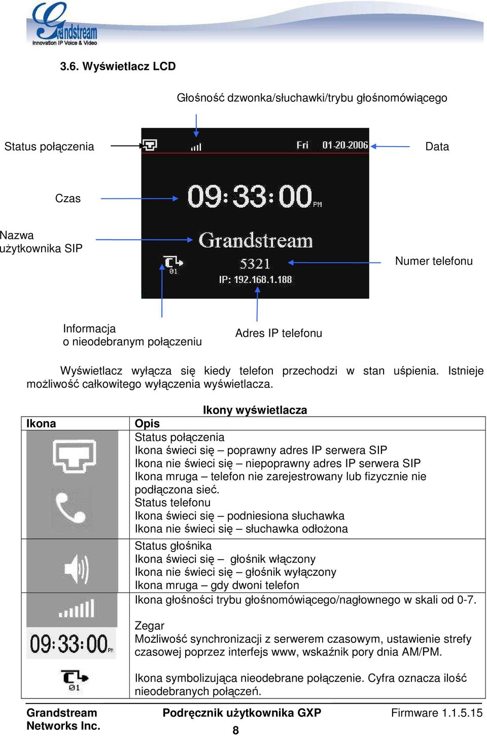 Ikona Ikony wyświetlacza Opis Status połączenia Ikona świeci się poprawny adres IP serwera SIP Ikona nie świeci się niepoprawny adres IP serwera SIP Ikona mruga telefon nie zarejestrowany lub