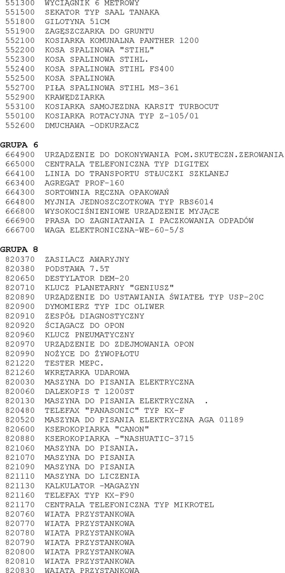 552400 KOSA SPALINOWA STIHL FS400 552500 KOSA SPALINOWA 552700 PIŁA SPALINOWA STIHL MS-361 552900 KRAWĘDZIARKA 553100 KOSIARKA SAMOJEZDNA KARSIT TURBOCUT 550100 KOSIARKA ROTACYJNA TYP Z-105/01 552600
