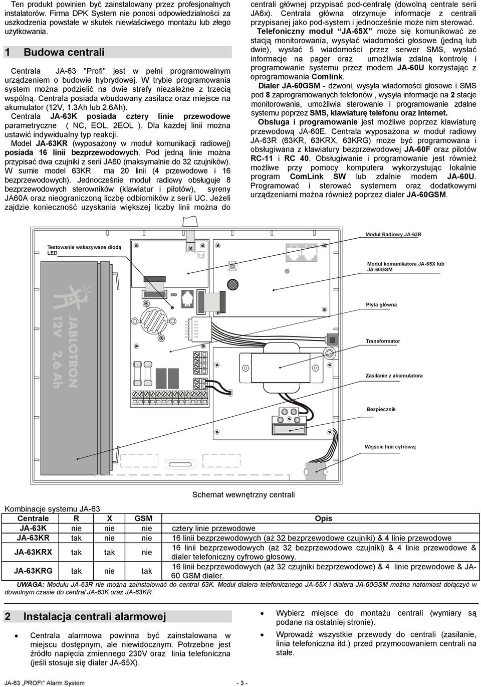 Centrala posiada wbudowany zasilacz oraz miejsce na akumulator (12V, 1.3Ah lub 2.6Ah). Centrala JA-63K posiada cztery linie przewodowe parametryczne ( NC, EOL, 2EOL ).