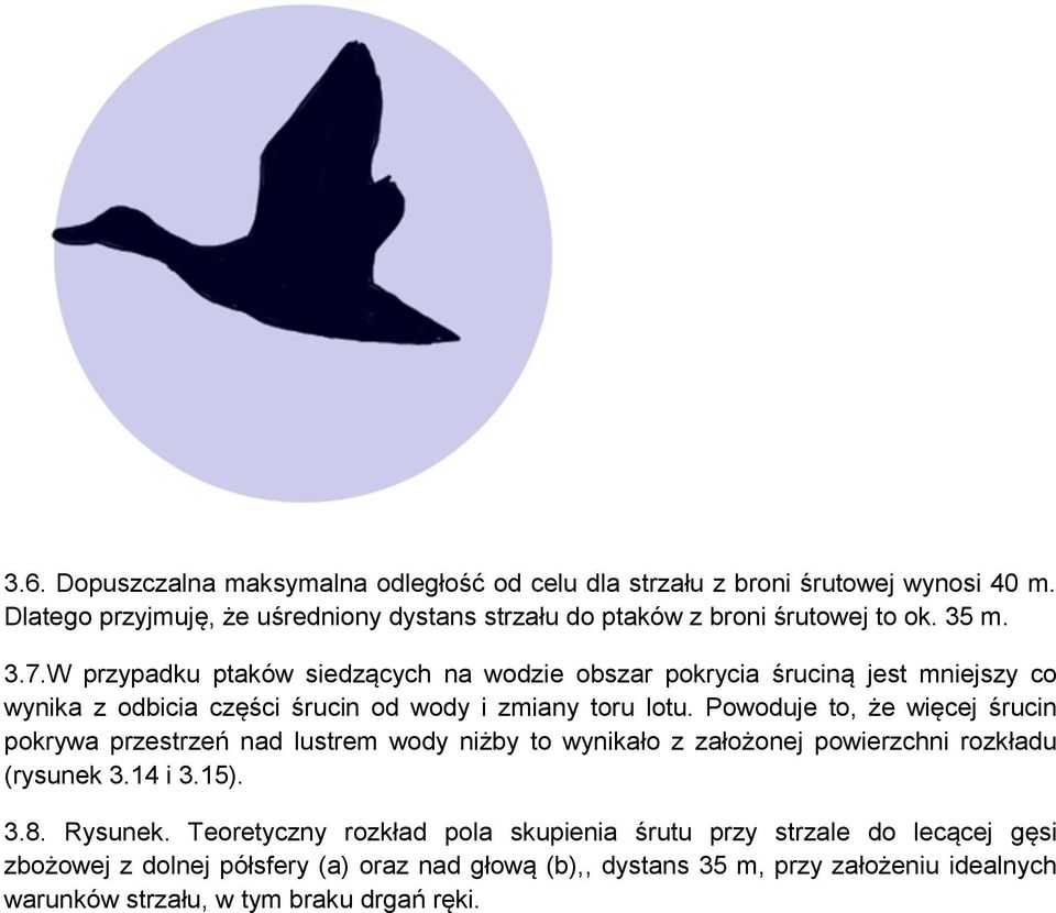 W przypadku ptaków siedzących na wodzie obszar pokrycia śruciną jest mniejszy co wynika z odbicia części śrucin od wody i zmiany toru lotu.