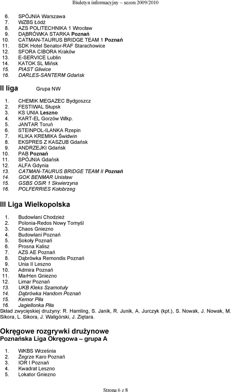 JANTAR Toruń 6. STEINPOL-ILANKA Rzepin 7. KLIKA KREMIKA Świdwin 8. EKSPRES Z KASZUB Gdańsk 9. ANDRZEJKI Gdańsk 10. PAB Poznań 11. SPÓJNIA Gdańsk 12. ALFA Gdynia 13.