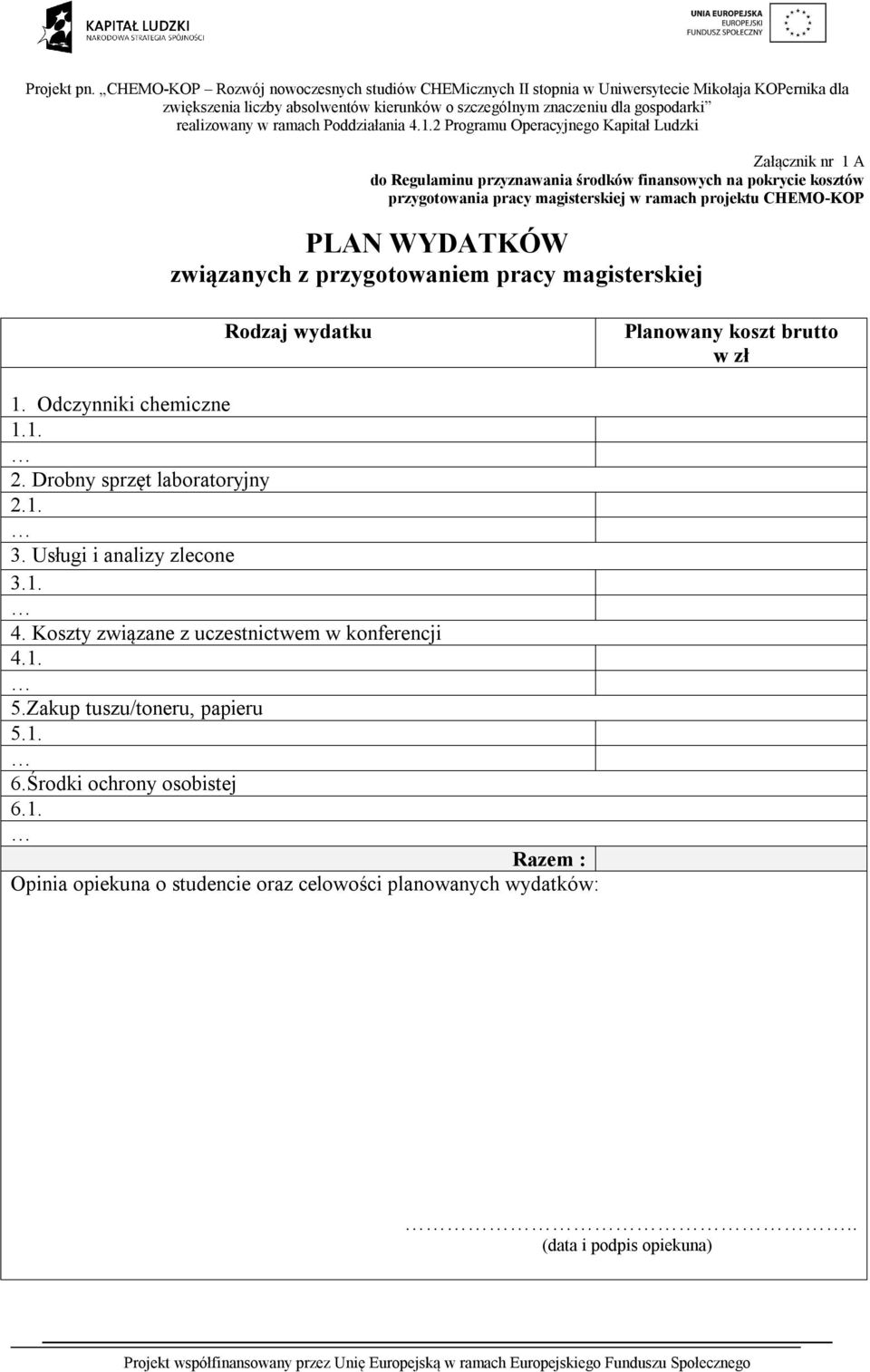 Drobny sprzęt laboratoryjny 2.1. 3. Usługi i analizy zlecone 3.1. 4. Koszty związane z uczestnictwem w konferencji 4.1. 5.