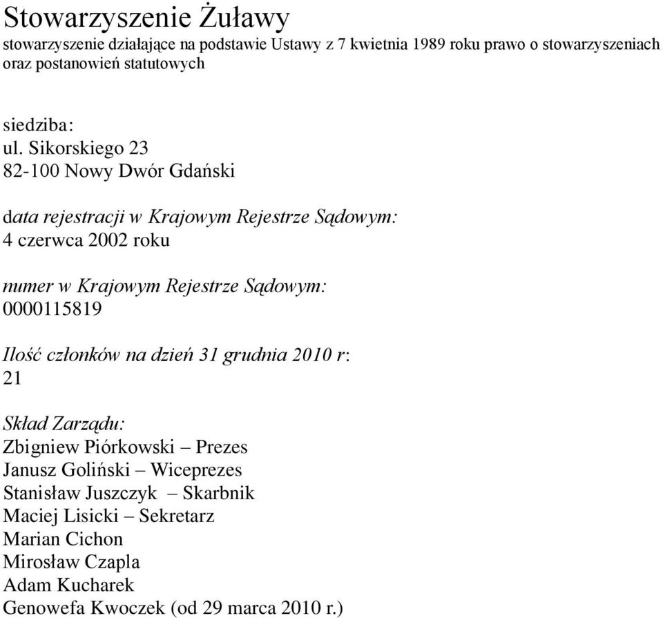 Sikorskiego 23 82-100 Nowy Dwór Gdański data rejestracji w Krajowym Rejestrze Sądowym: 4 czerwca 2002 roku numer w Krajowym Rejestrze