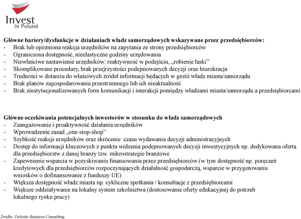 Trudności w dotarciu do właściwych źródeł informacji będących w gestii władz miasta/samorządu - Brak planów zagospodarowania przestrzennego lub ich nieaktualność - Brak zinstytucjonalizowanych form