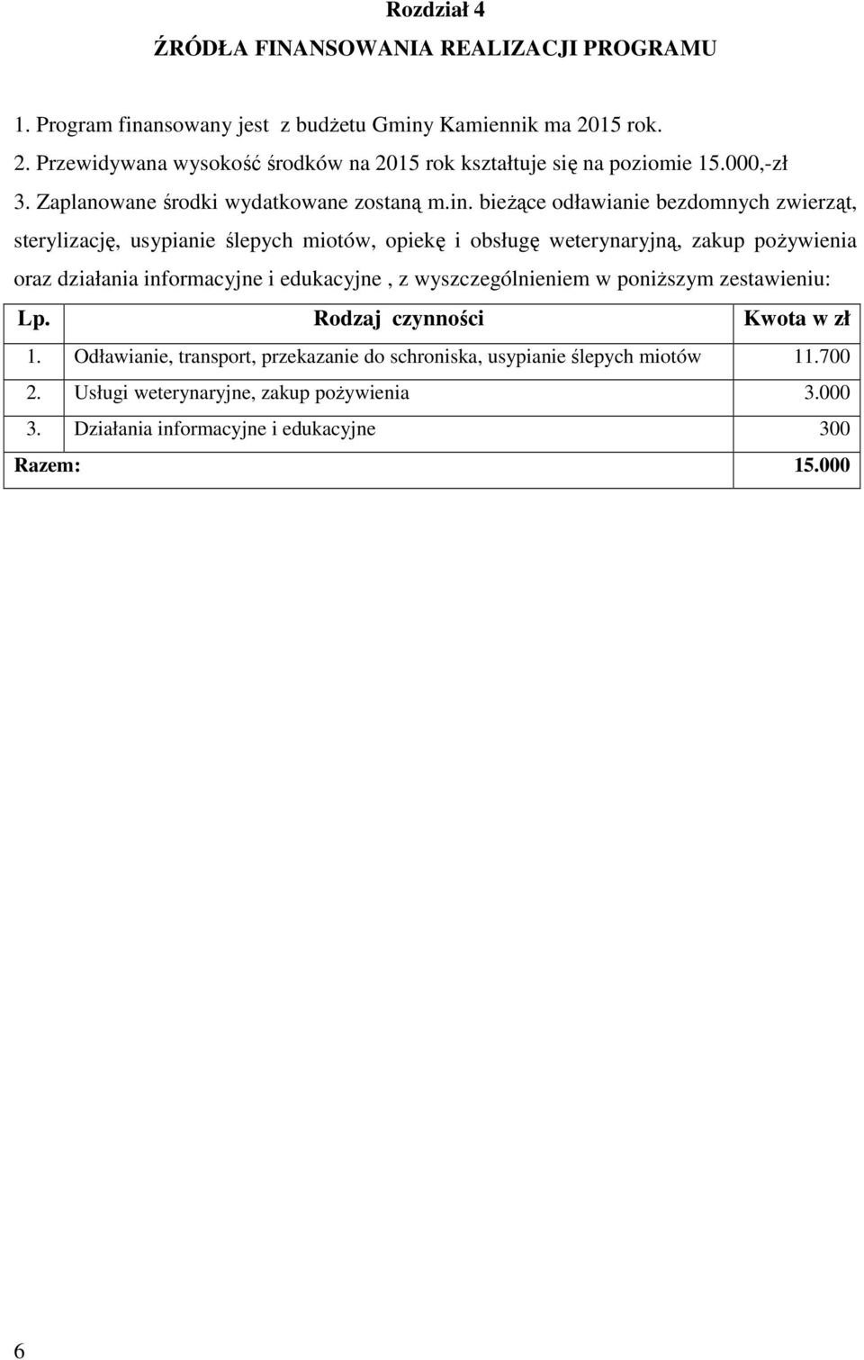 bieżące odławianie bezdomnych zwierząt, sterylizację, usypianie ślepych miotów, opiekę i obsługę weterynaryjną, zakup pożywienia oraz działania informacyjne i edukacyjne,