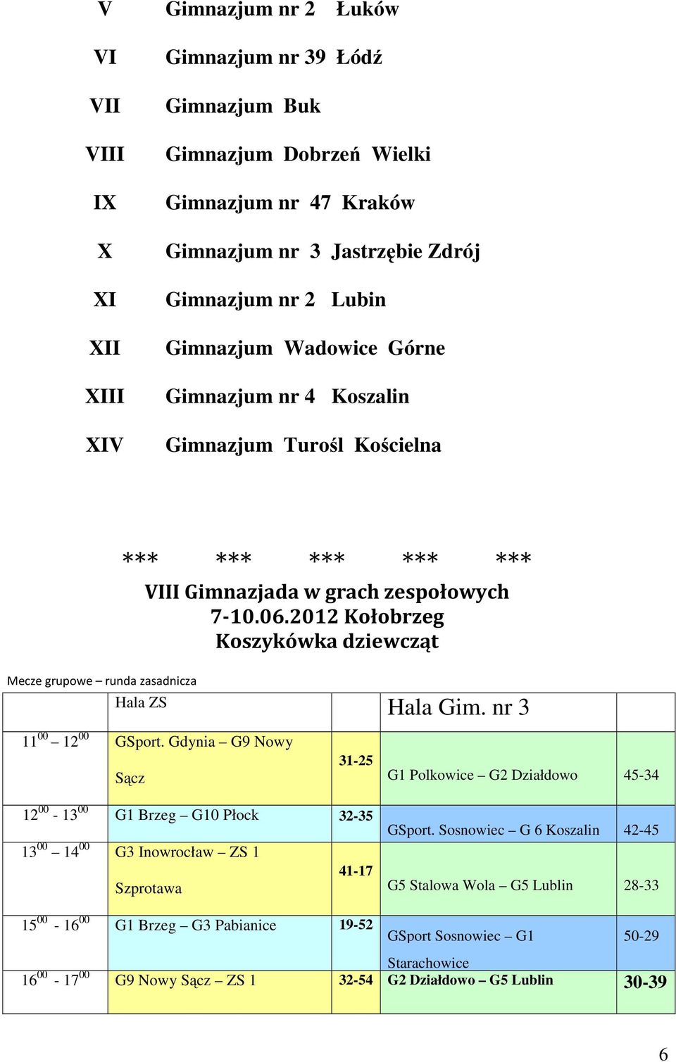 2012 Kołobrzeg Koszykówka dziewcząt Mecze grupowe runda zasadnicza Hala ZS Hala Gim. nr 3 11 00 12 00 GSport.