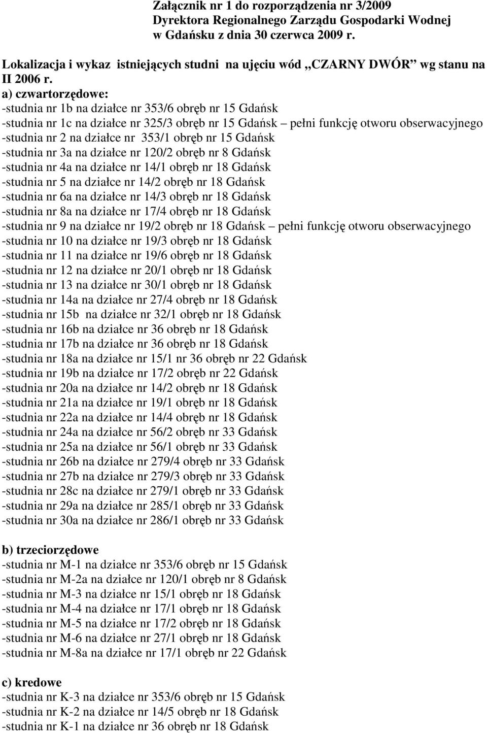 a) czwartorzędowe: -studnia nr 1b na działce nr 353/6 obręb nr 15 Gdańsk -studnia nr 1c na działce nr 325/3 obręb nr 15 Gdańsk pełni funkcję otworu obserwacyjnego -studnia nr 2 na działce nr 353/1