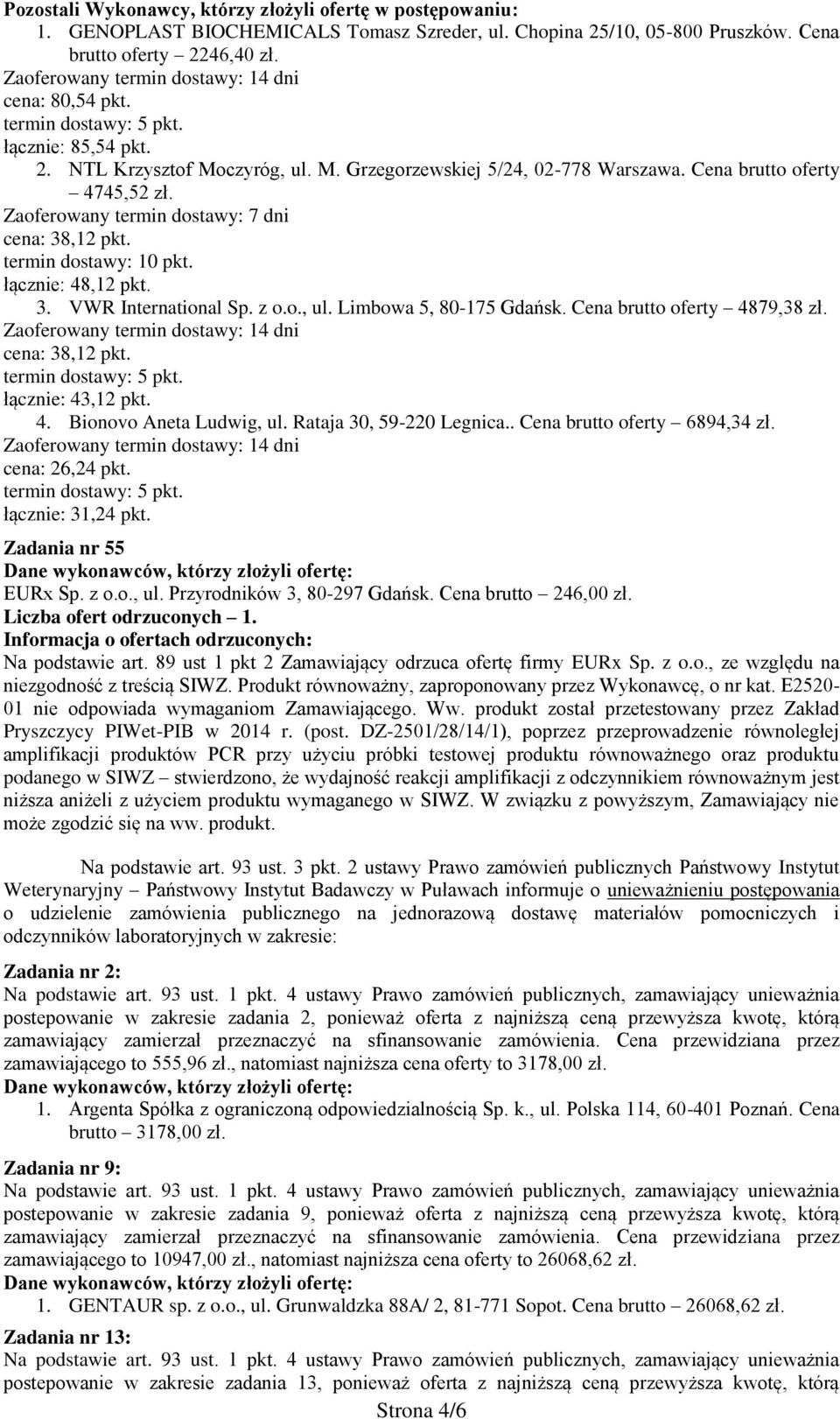 Cena brutto oferty 4879,38 zł. cena: 38,12 pkt. łącznie: 43,12 pkt. 4. Bionovo Aneta Ludwig, ul. Rataja 30, 59-220 Legnica.. Cena brutto oferty 6894,34 zł. cena: 26,24 pkt. łącznie: 31,24 pkt.