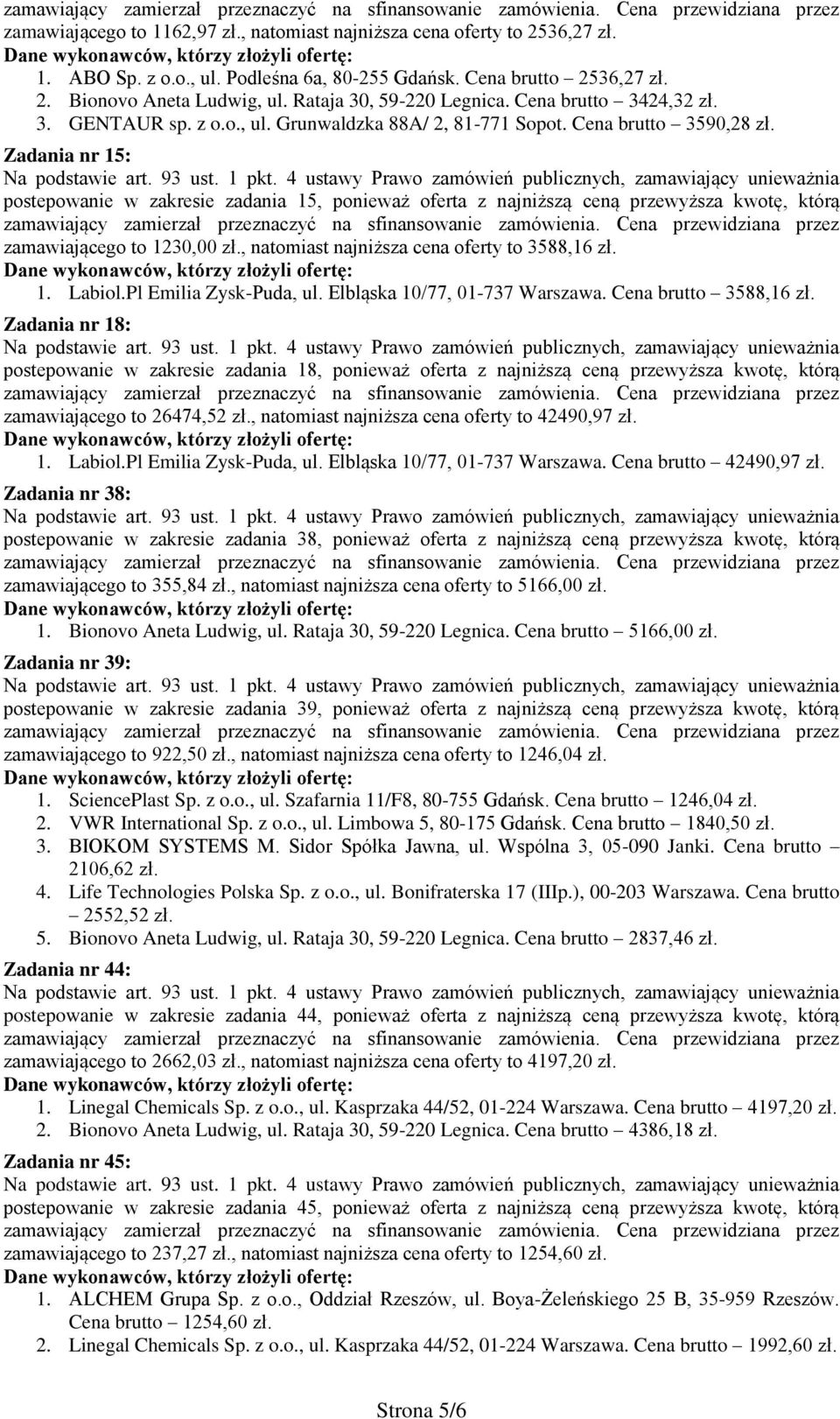 Zadania nr 15: postepowanie w zakresie zadania 15, ponieważ oferta z najniższą ceną przewyższa kwotę, którą zamawiającego to 1230,00 zł., natomiast najniższa cena oferty to 3588,16 zł. 1. Labiol.