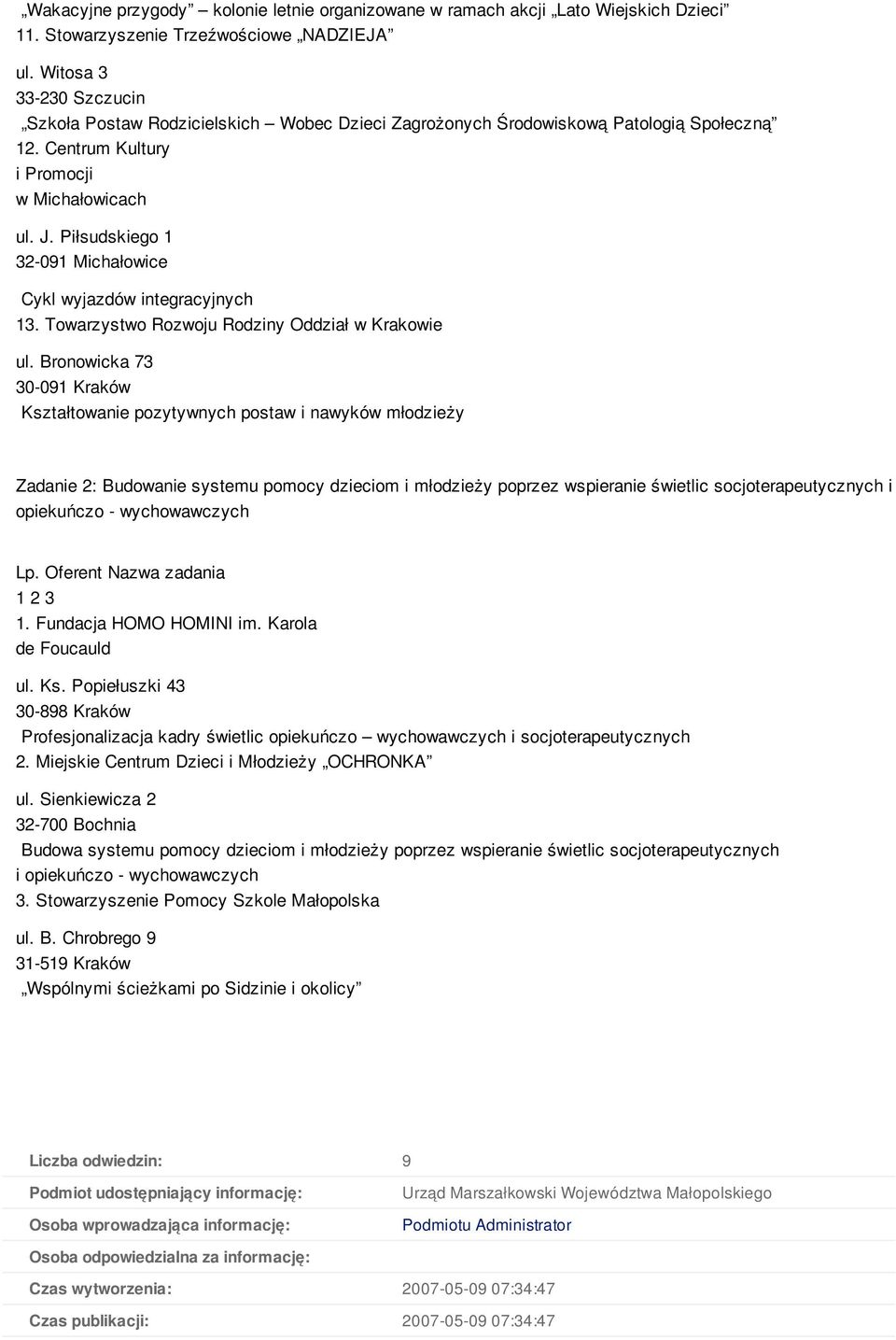 Piłsudskiego 1 32-091 Michałowice Cykl wyjazdów integracyjnych 13. Towarzystwo Rozwoju Rodziny Oddział w Krakowie ul.