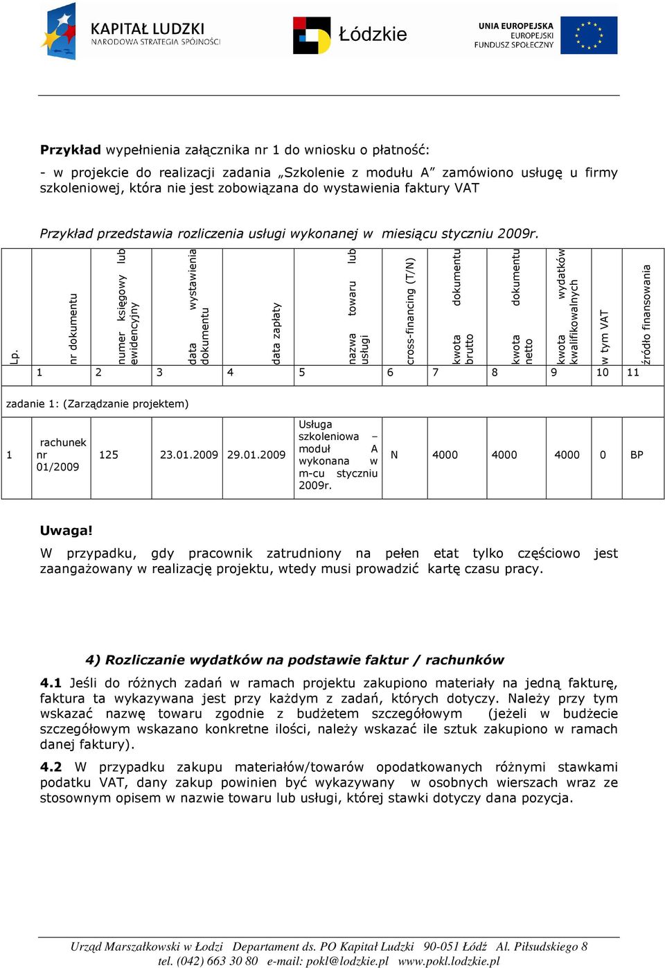 N 4000 4000 4000 0 BP Uwaga! W przypadku, gdy pracownik zatrudniony na pełen etat tylko częściowo jest zaangaŝowany w realizację projektu, wtedy musi prowadzić kartę czasu pracy.