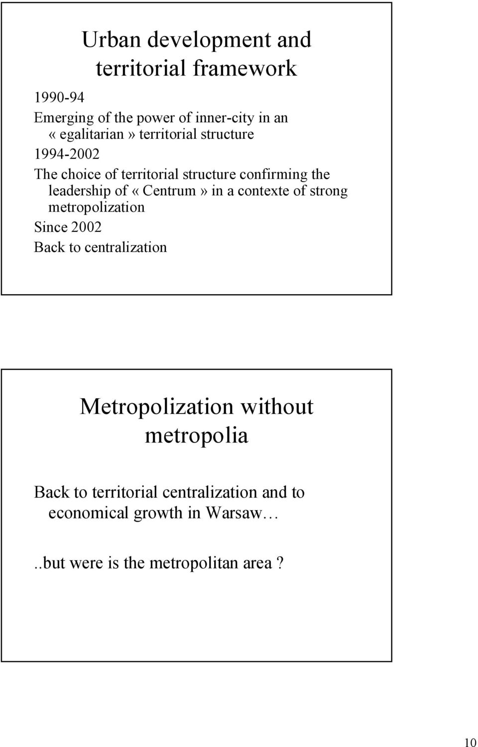 leadership of in a contexte of strong metropolization Since 2002 Back to centralization Metropolization