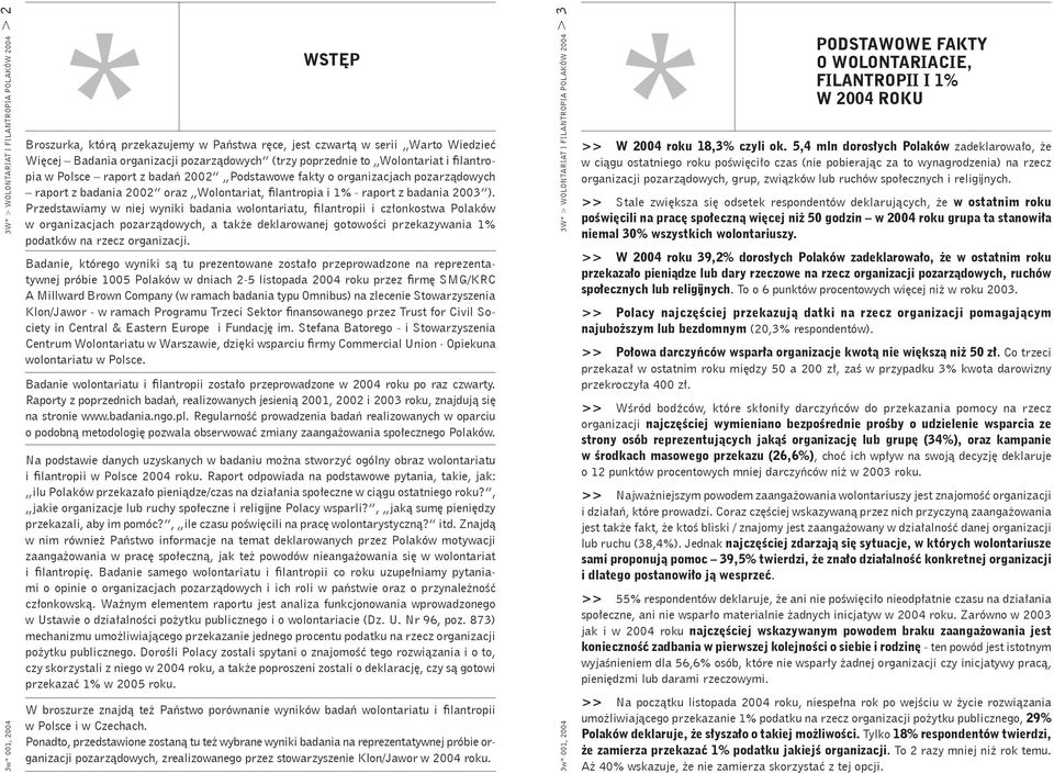 Przedstawiamy w niej wyniki badania wolontariatu, filantropii i członkostwa Polaków w organizacjach pozarządowych, a także deklarowanej gotowości przekazywania 1% podatków na rzecz organizacji.
