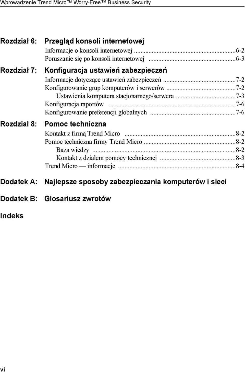 ..7-2 Ustawienia komputera stacjonarnego/serwera...7-3 Konfiguracja raportów...7-6 Konfigurowanie preferencji globalnych...7-6 Rozdział 8: Pomoc techniczna Kontakt z firmą Trend Micro.