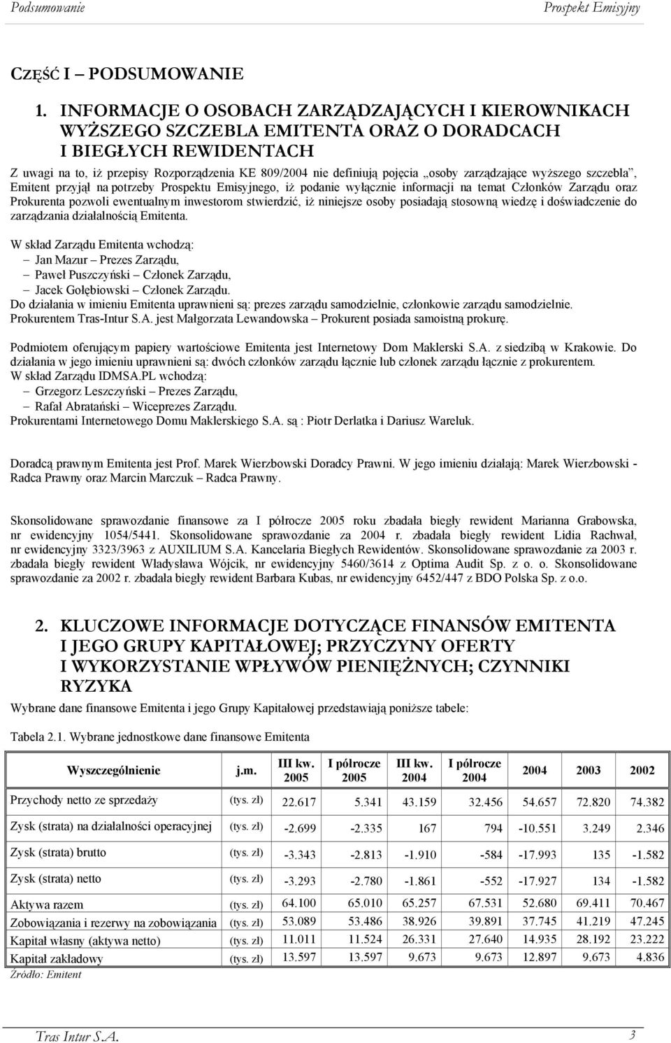 zarządzające wyższego szczebla, Emitent przyjął na potrzeby Prospektu Emisyjnego, iż podanie wyłącznie informacji na temat Członków Zarządu oraz Prokurenta pozwoli ewentualnym inwestorom stwierdzić,