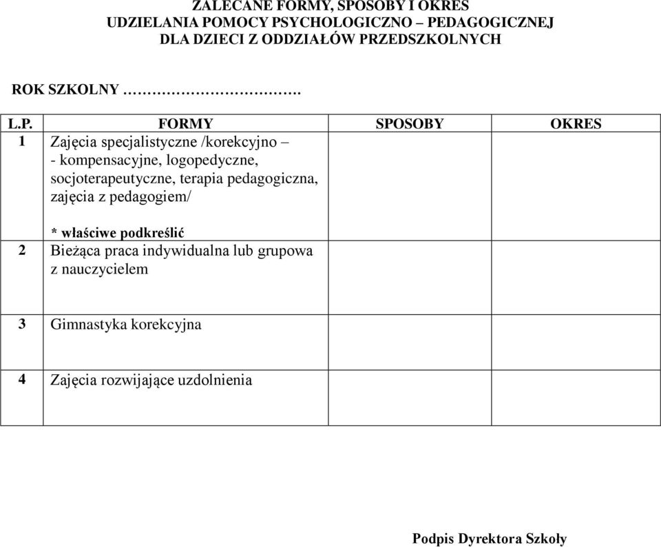 logopedyczne, socjoterapeutyczne, terapia pedagogiczna, zajęcia z pedagogiem/ * właściwe podkreślić 2 Bieżąca