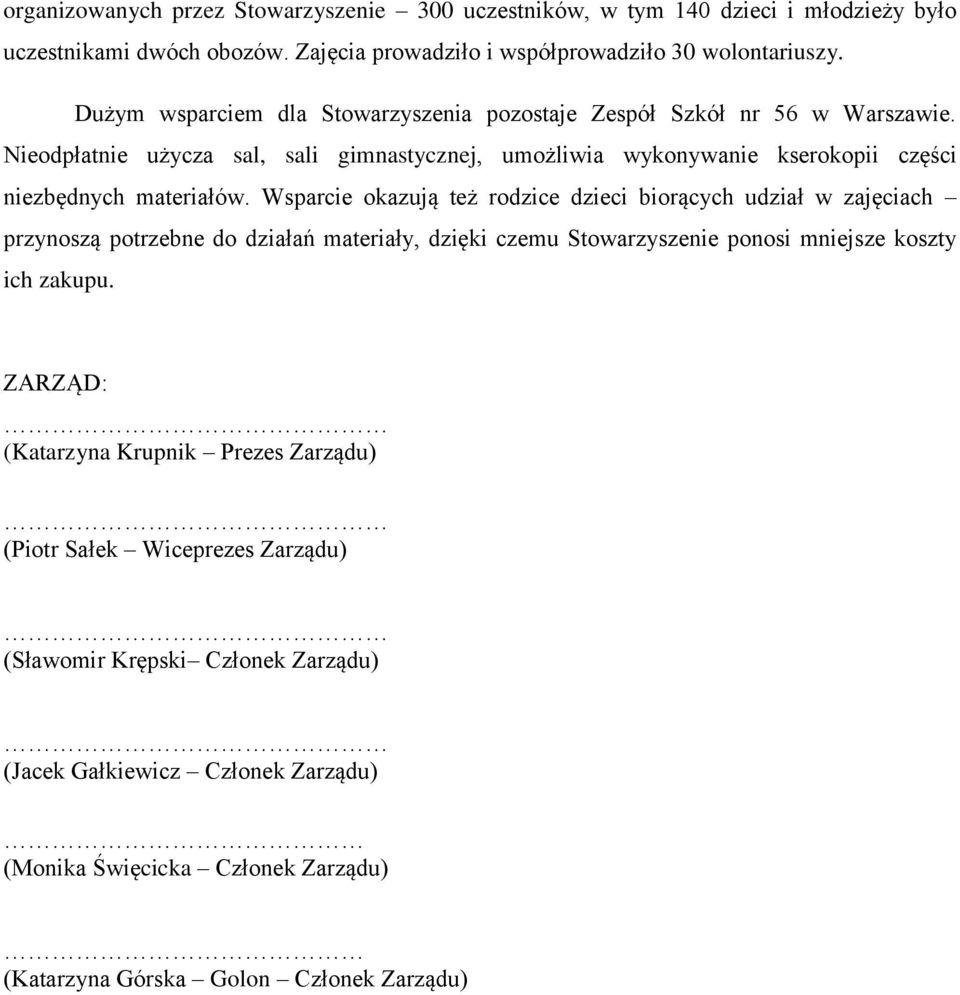 Wsparcie okazują też rodzice dzieci biorących udział w zajęciach przynoszą potrzebne do działań materiały, dzięki czemu Stowarzyszenie ponosi mniejsze koszty ich zakupu.