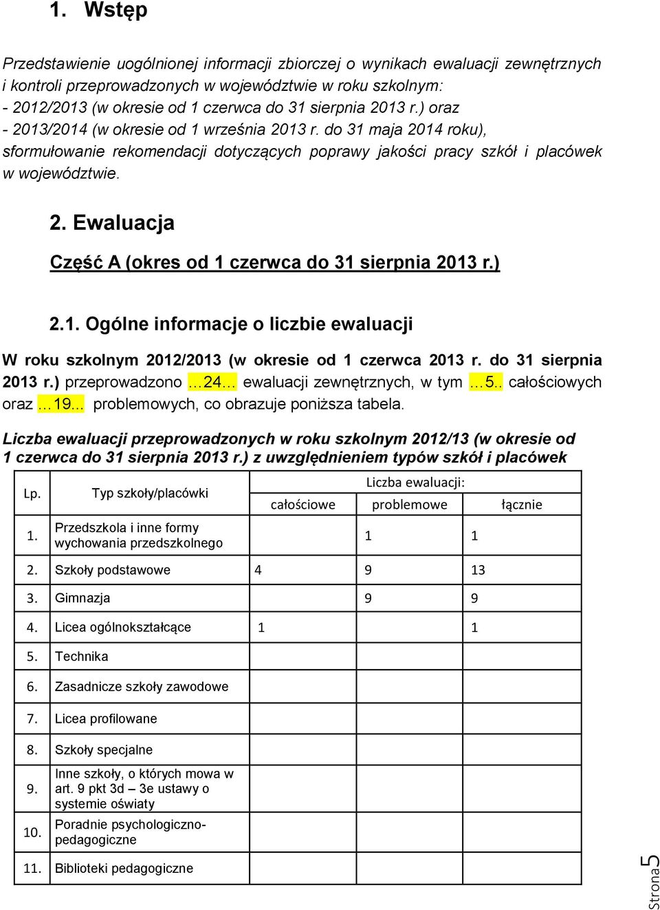 ) 2.1. Ogólne informacje o liczbie ewaluacji W roku szkolnym 2012/2013 (w okresie od 1 czerwca 2013 r. do 31 sierpnia 2013 r.) przeprowadzono 24 ewaluacji zewnętrznych, w tym 5.. całościowych oraz 19.