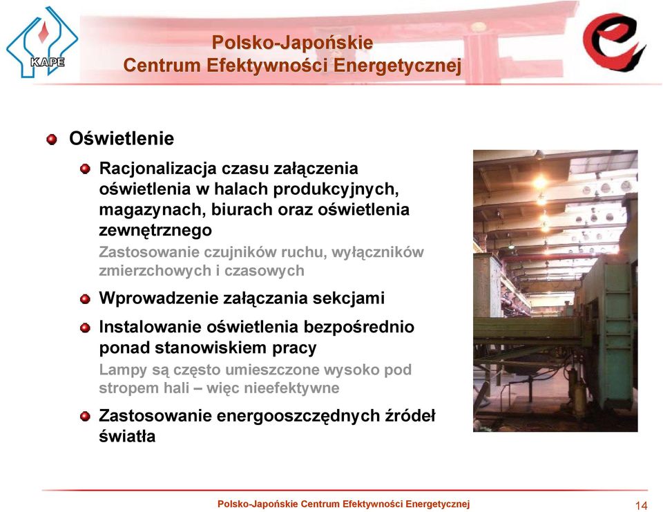 Wprowadzenie załączania sekcjami Instalowanie oświetlenia bezpośrednio ponad stanowiskiem pracy Lampy