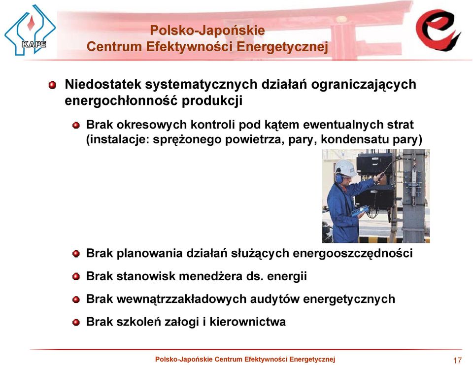 kondensatu pary) Brak planowania działań służących energooszczędności Brak stanowisk