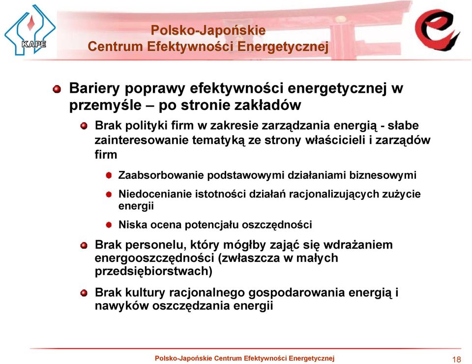 istotności działań racjonalizujących zużycie energii Niska ocena potencjału oszczędności Brak personelu, który mógłby zająć się