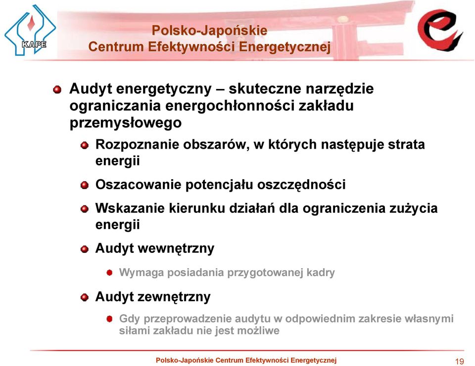 działań dla ograniczenia zużycia energii Audyt wewnętrzny Wymaga posiadania przygotowanej kadry Audyt