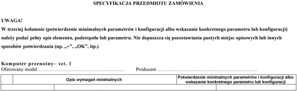 należy podać pełny opis elementu, podzespołu lub parametru.