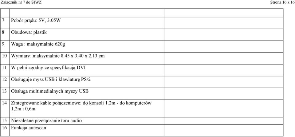 13 cm 11 W pełni zgodny ze specyfikacją DVI 12 Obsługuje mysz USB i klawiaturę PS/2 13 Obsługa